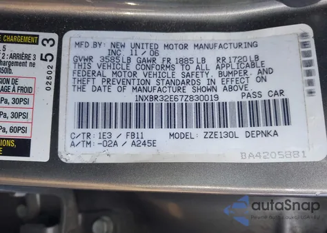 2007 Toyota Corolla Le from USA, damaged, VIN 1NXBR32E67Z830019